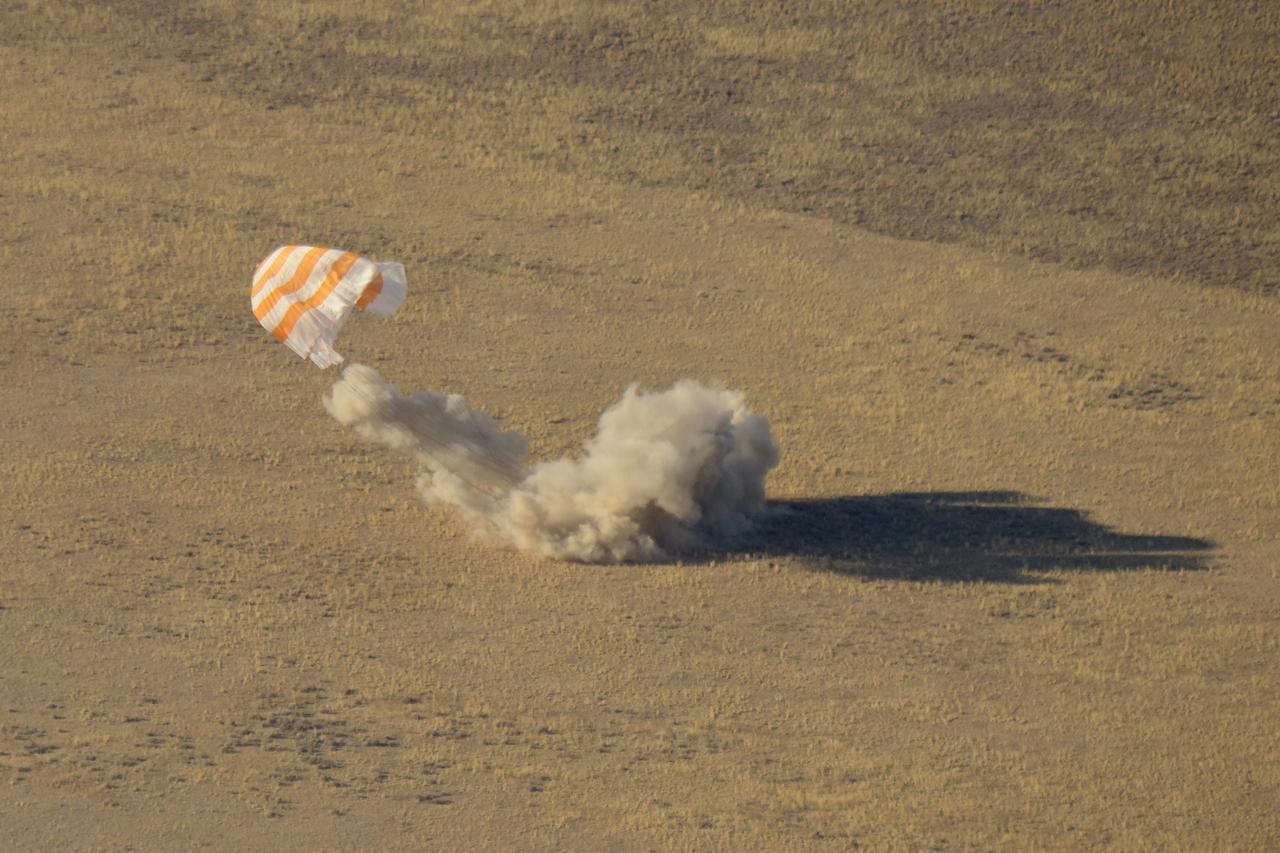 The Soyuz MS-12 spacecraft is seen as it lands in a remote area near the town of Zhezkazgan, Kazakhstan with Expedition 60 crew members Nick Hague of NASA and Alexey Ovchinin of Roscosmos, along with visiting astronaut Hazzaa Ali Almansoori of the United Arab Emirates, Thursday, Oct. 3, 2019. Hague and Ovchinin are returning after 203 days in space where they served as members of the Expedition 59 and 60 crews onboard the International Space Station. Almansoori logged 8 days in space during his first flight as an astronaut. Photo Credit: (NASA/Bill Ingalls)