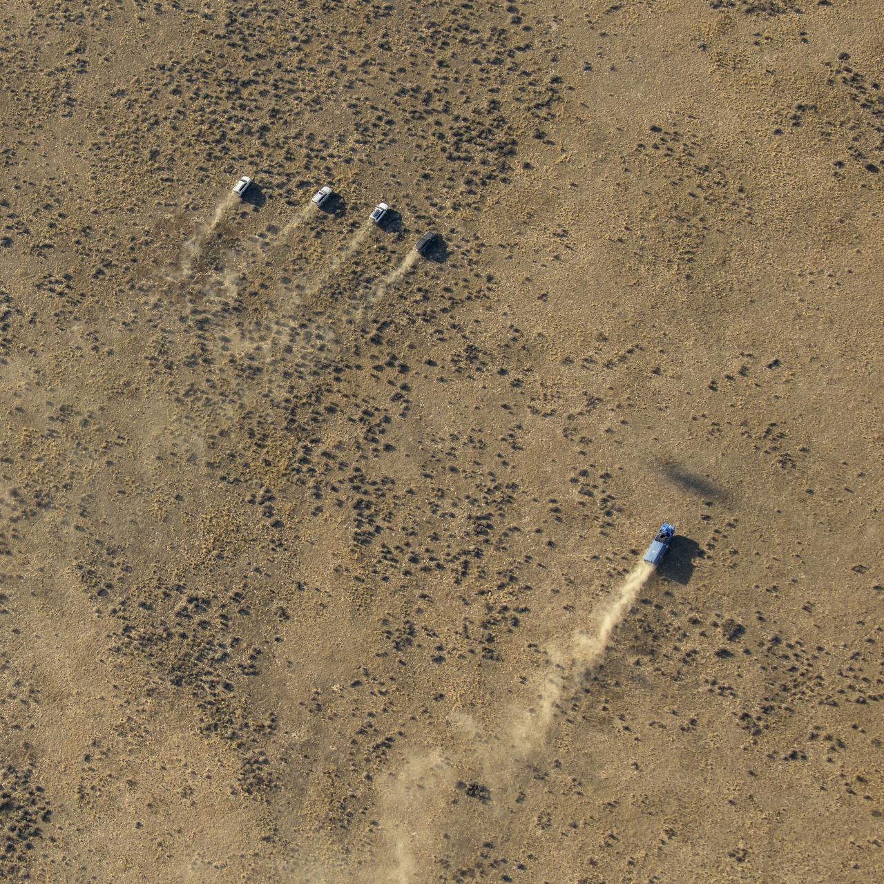 Russian Search and Rescue and support teams drive to the Soyuz MS-12 spacecraft shortly after it landed with Expedition 60 crew members Nick Hague of NASA and Alexey Ovchinin of Roscosmos, along with visiting astronaut Hazzaa Ali Almansoori of the United Arab Emirates, Thursday, Oct. 3, 2019. Hague and Ovchinin are returning after 203 days in space where they served as members of the Expedition 59 and 60 crews onboard the International Space Station. Almansoori logged 8 days in space during his first flight as an astronaut. Photo Credit: (NASA/Bill Ingalls)