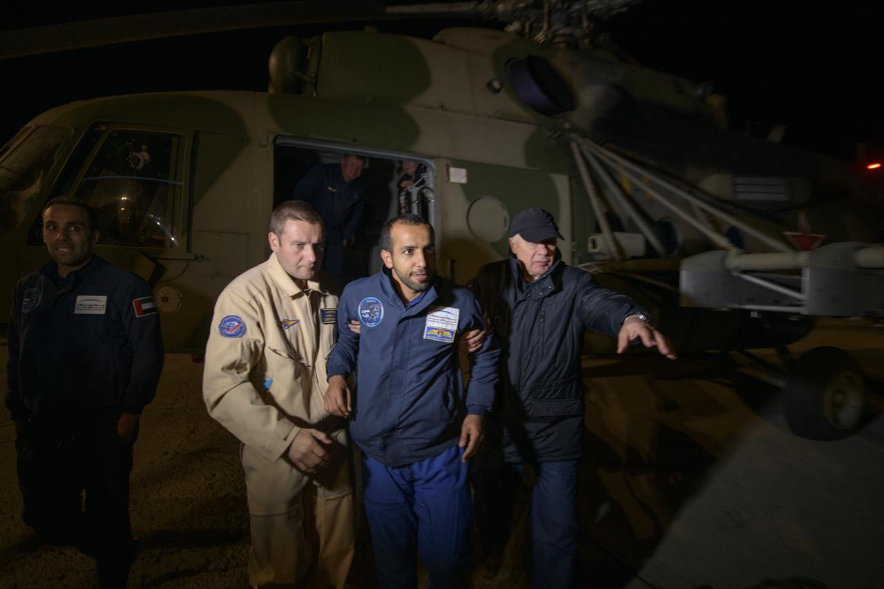 Visiting astronaut Hazzaa Ali Almansoori of the United Arab Emirates arrives at the Karaganda Airport in Kazakhstan after he and Expedition 60 crewmembers Nick Hague of NASA and Alexey Ovchinin of Roscosmos landed in their Soyuz MS-12 spacecraft in a remote area near the town of Zhezkazgan, Kazakhstan on Thursday, Oct. 3, 2019. Hague and Ovchinin are returning after 203 days in space where they served as members of the Expedition 59 and 60 crews onboard the International Space Station. Almansoori logged 8 days in space during his first flight as an astronaut. Photo Credit: (NASA/Bill Ingalls)