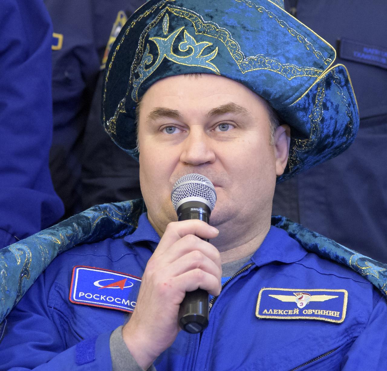 Expedition 60 cosmonaut Alexey Ovchinin of Roscosmos attends a Karaganda Airport welcome ceremony in Kazakhstan on Thursday, Oct. 3, 2019. Expedition 60 crewmembers Ovchinin and Nick Hague of NASA are returning after 203 days in space where they served as members of the Expedition 59 and 60 crews onboard the International Space Station. Almansoori logged 8 days in space during his first flight as an astronaut. Photo Credit: (NASA/Bill Ingalls)