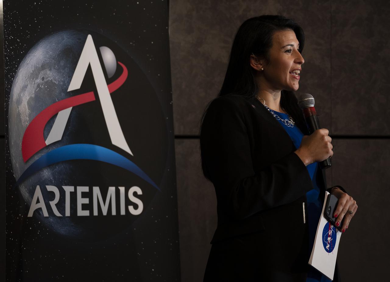 NASA Associate Administrator for the Office of Communications Bettina Inclán moderates a panel discussion with NASA Administrator Jim Bridenstine, NASA astronaut Kate Rubins, and Chris Hansen, Manager of the Extravehicular Activity office at NASA’s Johnson Space Center during the Artemis Generation Spacesuit event, Tuesday, Oct. 15, 2019 at NASA Headquarters in Washington. The Exploration Extravehicular Mobility Unit (xEMU) suit improves on the suits previous worn on the Moon during the Apollo era and those currently in use for spacewalks outside the International Space Station and will be worn by first woman and next man as they explore the Moon as part of the agency’s Artemis program. The Orion Crew Survival System (OCSS) suit is designed for a custom fit and incorporates safety technology and mobility features that will help protect astronauts on launch day, in emergency situations, high-risk parts of missions near the Moon, and during the high-speed return to Earth.  Photo Credit: (NASA/Joel Kowsky)