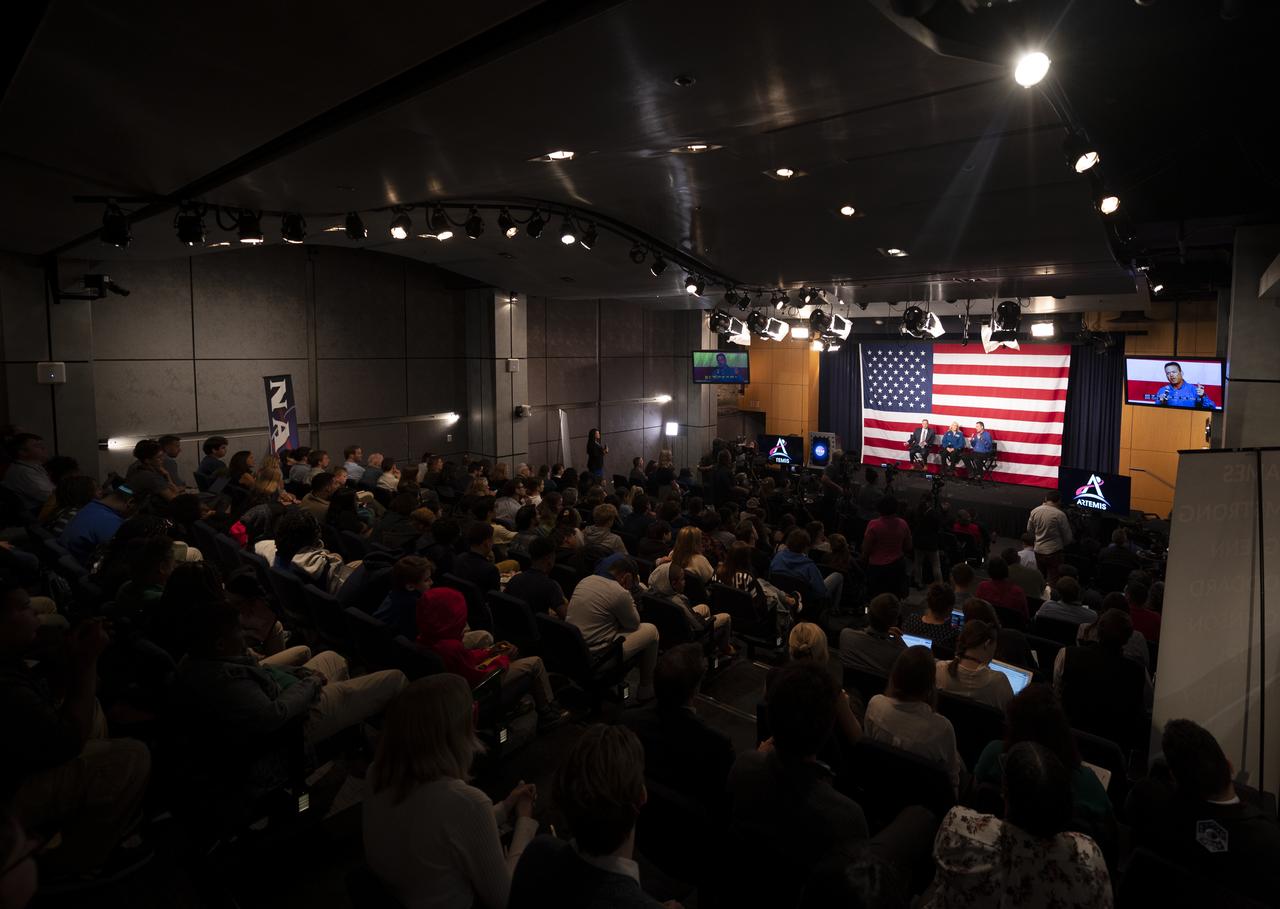 NASA Associate Administrator for the Office of Communications Bettina Inclán moderates a panel discussion with NASA Administrator Jim Bridenstine, NASA astronaut Kate Rubins, and Chris Hansen, Manager of the Extravehicular Activity office at NASA’s Johnson Space Center during the Artemis Generation Spacesuit event, Tuesday, Oct. 15, 2019 at NASA Headquarters in Washington. The Exploration Extravehicular Mobility Unit (xEMU) suit improves on the suits previous worn on the Moon during the Apollo era and those currently in use for spacewalks outside the International Space Station and will be worn by first woman and next man as they explore the Moon as part of the agency’s Artemis program. The Orion Crew Survival System (OCSS) suit is designed for a custom fit and incorporates safety technology and mobility features that will help protect astronauts on launch day, in emergency situations, high-risk parts of missions near the Moon, and during the high-speed return to Earth.  Photo Credit: (NASA/Joel Kowsky)