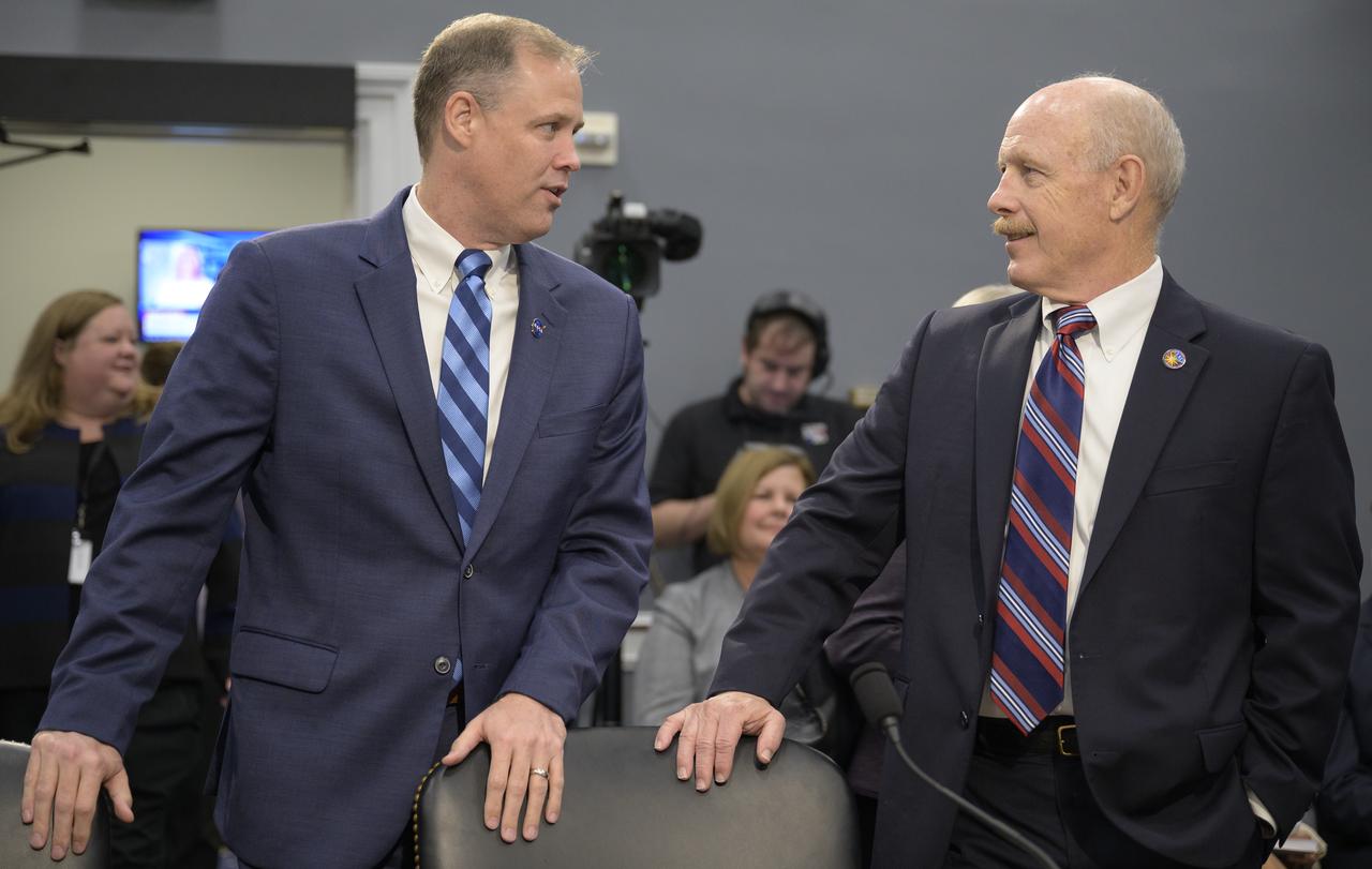 NASA Administrator Jim Bridenstine, left, and NASA acting Associate Administrator for Human Exploration and Operations Ken Bowersox talk prior to the start of a House subcommittee on Commerce, Justice, Science, and Related Agencies hearing titled “NASA’s Proposal to Advance the Next Moon Landing by Four Years”, Wednesday, Oct. 16, 2019, Rayburn House Office Building in Washington. Photo Credit: (NASA/Bill Ingalls)