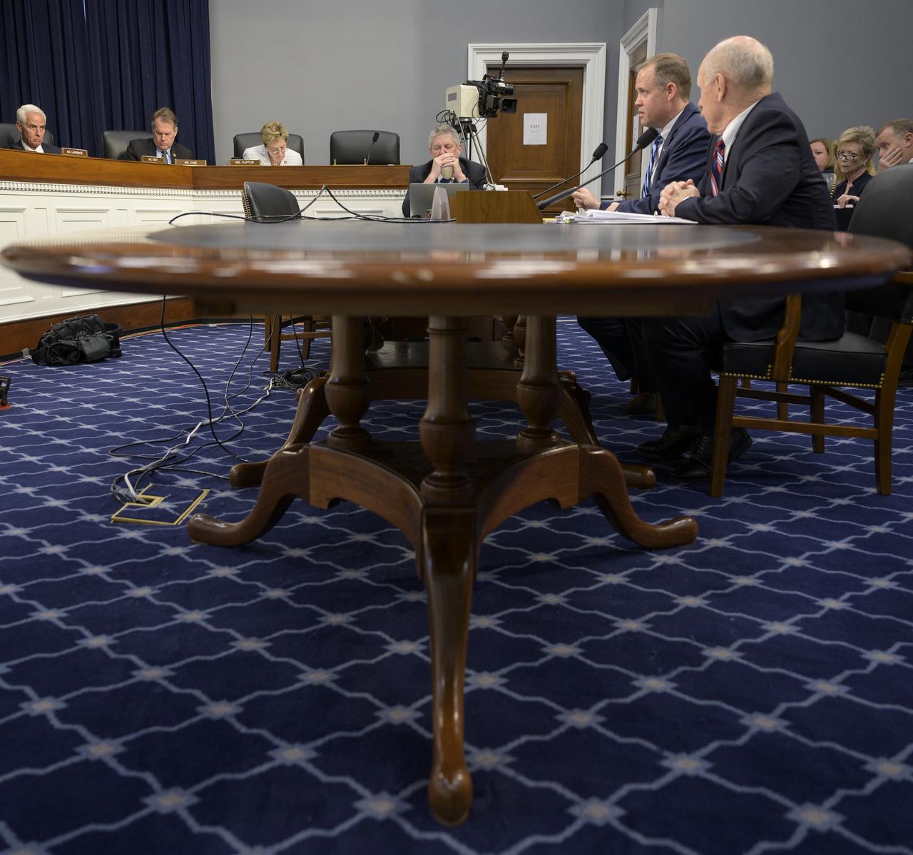 NASA Administrator Jim Bridenstine, left, and NASA acting Associate Administrator for Human Exploration and Operations Ken Bowersox testify during a House subcommittee on Commerce, Justice, Science, and Related Agencies hearing titled “NASA’s Proposal to Advance the Next Moon Landing by Four Years”, Wednesday, Oct. 16, 2019, Rayburn House Office Building in Washington. Photo Credit: (NASA/Bill Ingalls)