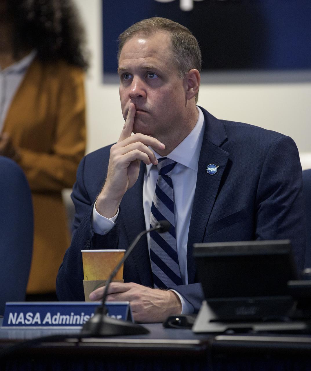 NASA Administrator Jim Bridenstine is seen as he watches the beginning of the first all-woman spacewalk on Friday, Oct. 18, 2019, from the Space Operations Center at NASA Headquarters in Washington. The first all-woman spacewalk in history began at 7:38am EDT with NASA astronauts Christina Koch and Jessica Meir venturing outside the International Space Station to replace a failed battery charge-discharge unit. This is the fourth spacewalk for Koch and Meir’s first. Photo Credit: (NASA/Joel Kowsky)