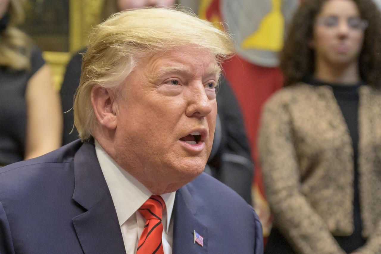 President Donald Trump gives remarks after speaking with NASA astronauts Christina Koch and Jessica Meir during the first all-woman spacewalk on Friday, Oct. 18, 2019, from the Roosevelt Room of the White House in Washington. The first all-woman spacewalk in history began at 7:38am EDT with Koch and Meir venturing outside the International Space Station to replace a failed battery charge-discharge unit. This is the fourth spacewalk for Koch and Meir’s first. Photo Credit: (NASA/Bill Ingalls)