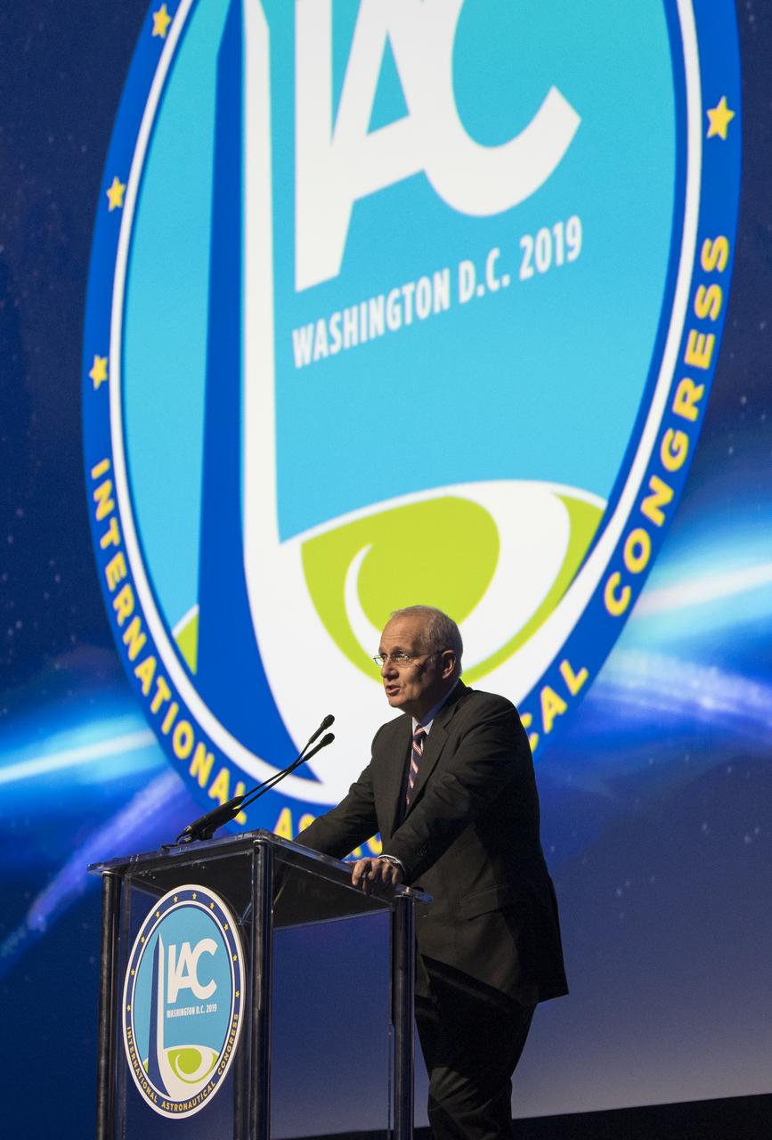 Jean-Yves Le Gall, President of International Astronautical Federation (IAF), delivers remarks during the opening ceremony of the 70th International Astronautical Congress, Monday, Oct. 21, 2019 at the Walter E. Washington Convention Center in Washington. Photo Credit: (NASA/Bill Ingalls)