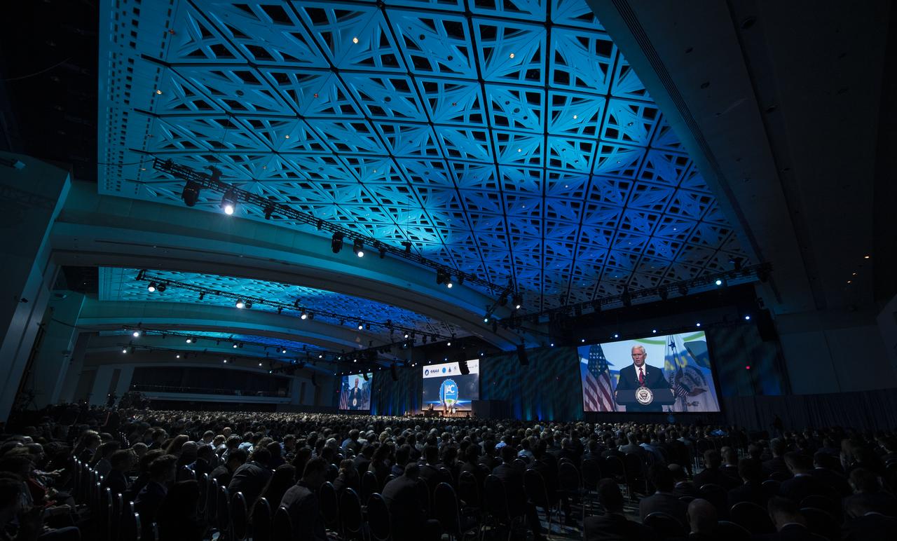 Vice President Mike Pence delivers remarks during the opening ceremony of the 70th International Astronautical Congress, Monday, Oct. 21, 2019 at the Walter E. Washington Convention Center in Washington. Photo Credit: (NASA/Joel Kowsky)