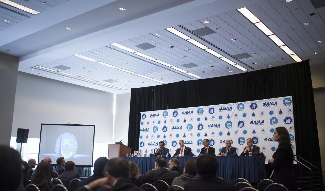 S. Somanath, Director of Vikram Sarabhai Space Centre, Indian Space Research Organization (ISRO), left, NASA Administrator Jim Bridenstine, Hiroshi Yamakawa, President of the Japan Aerospace Exploration Agency (JAXA), Sergey Krikalev, Executive Director for Piloted Spaceflights for Roscosmos, and Johann-Dietrich Woerner, Director General of ESA (European Space Agency), right, are seen during the Heads of Agency press conference at the 70th International Astronautical Congress, Monday, Oct. 21, 2019 at the Walter E. Washington Convention Center in Washington. Photo Credit: (NASA/Joel Kowsky)
