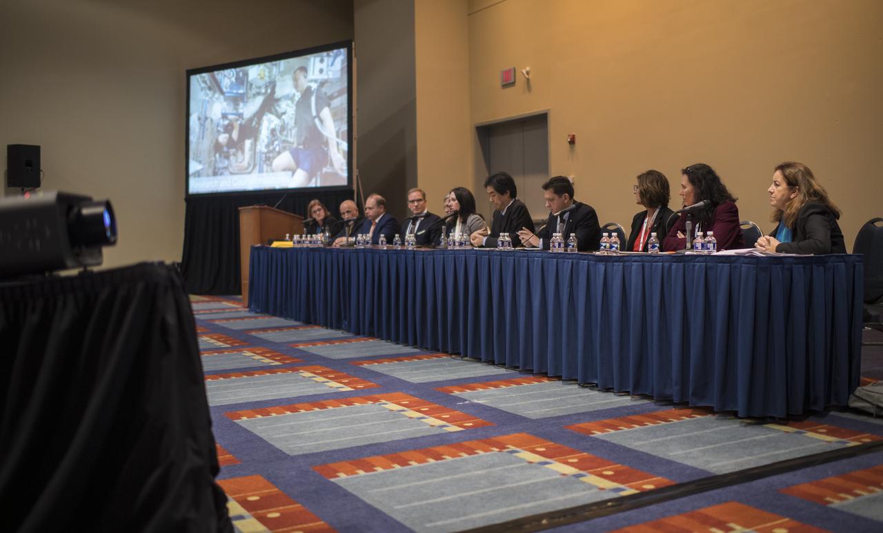 Panelists are seen during a discussion titled “ISS-Moon-Mars: Using Spaceflight Platforms to Study and Simulate Future Missions” during the the 70th International Astronautical Congress, Monday, Oct. 21, 2019 at the Walter E. Washington Convention Center in Washington. Photo Credit: (NASA/Joel Kowsky)