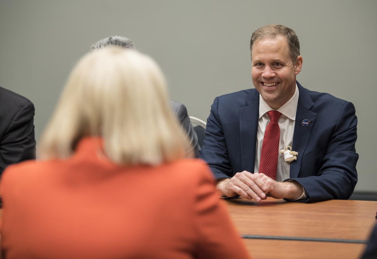 NASA Administrator Jim Bridenstine speaks with the Honorable Karen Andrews Minister of Parliament and Minister, Industry, Science and Technology, Austrailia, during the 70th International Astronautical Congress, Monday, Oct. 21, 2019 in Washington. Photo Credit: (NASA/Aubrey Gemignani)