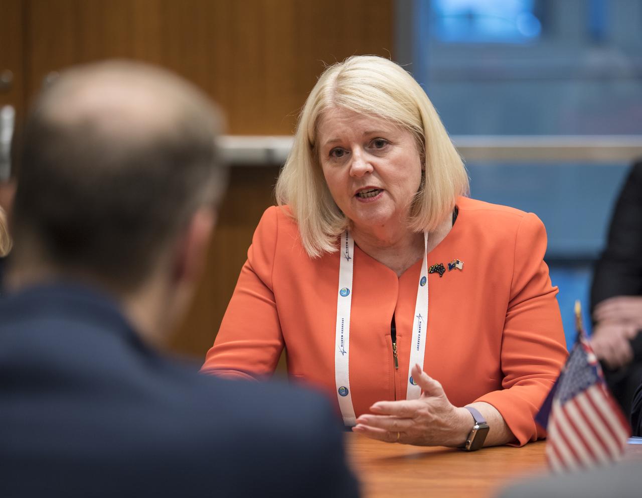 The Honorable Karen Andrews, Minister of Parliament and Minister, Industry, Science and Technology for Austrailia speaks with NASA Administrator Jim Bridenstine, left, during the 70th International Astronautical Congress, Monday, Oct. 21, 2019 in Washington. Photo Credit: (NASA/Aubrey Gemignani)