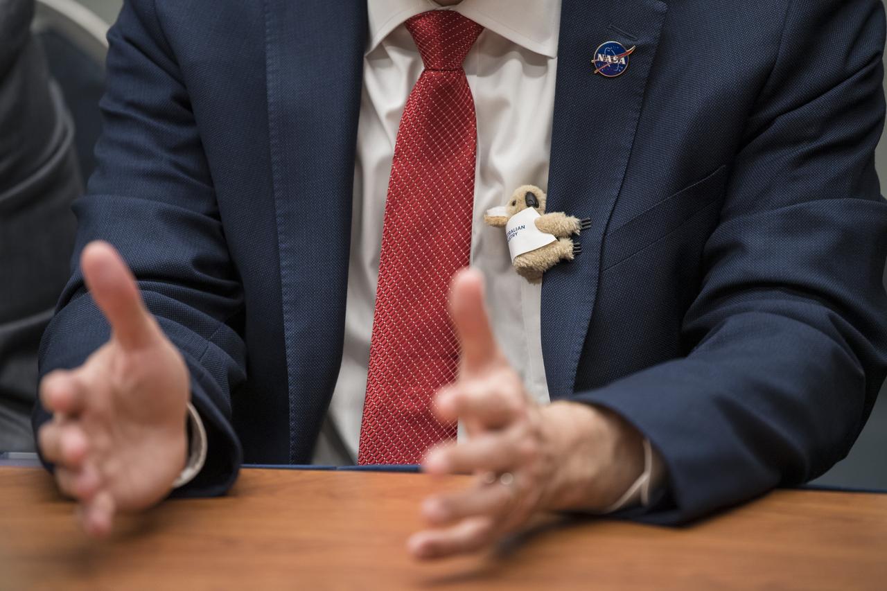 NASA Administrator Jim Bridenstine is seen wearing a koala gifted to him by the Honorable Karen Andrews, Minister of Parliament, and Minister, Industry, Science and Technology, Austrailia, during a meeting at the 70th International Astronautical Congress, Monday, Oct. 21, 2019 in Washington. Photo Credit: (NASA/Aubrey Gemignani)