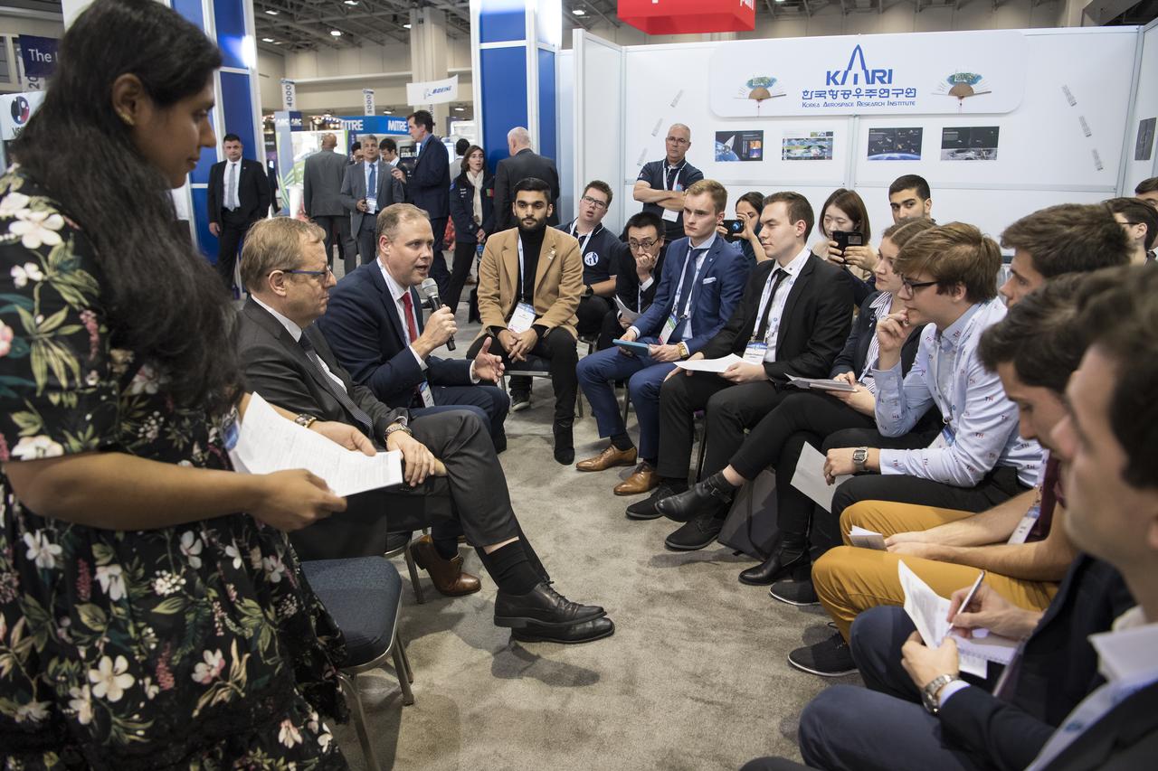 NASA Administrator Jim Bridenstine answers questions during a Heads of Agency interactive session with students at the 70th International Astronautical Congress, Monday, Oct. 21, 2019 at the Walter E. Washington Convention Center in Washington. Photo credit: (NASA/Aubrey Gemignani)