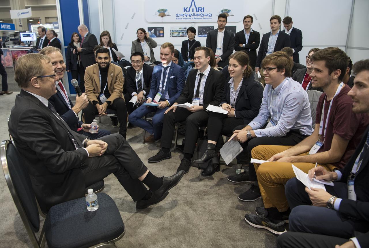 NASA Administrator Jim Bridenstine and Dr. Johann-Dietrich Worner, Director General, European Space Agency (ESA), answer questions during a Heads of Agency interactive session with students during the 70th International Astronautical Congress, Monday, Oct. 21, 2019 at the Walter E. Washington Convention Center in Washington. Photo credit: (NASA/Aubrey Gemignani)