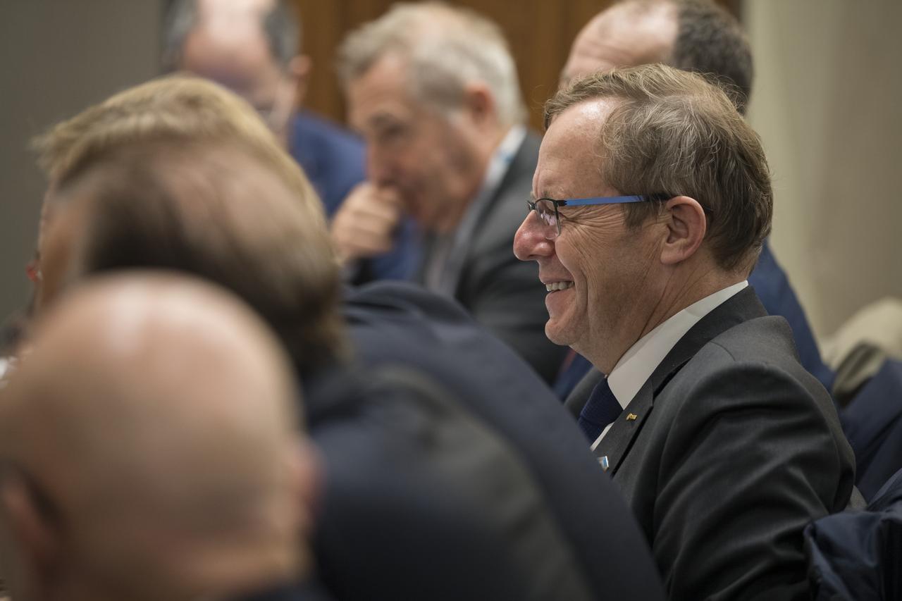 Professor Johann-Dietrich Worner, Director General of ESA (European Space Agency), reacts to something NASA Administrator Jim Bridenstine said during the 70th International Astronautical Congress, Tuesday, Oct. 22, 2019 in Washington. Photo Credit: (NASA/Aubrey Gemignani)