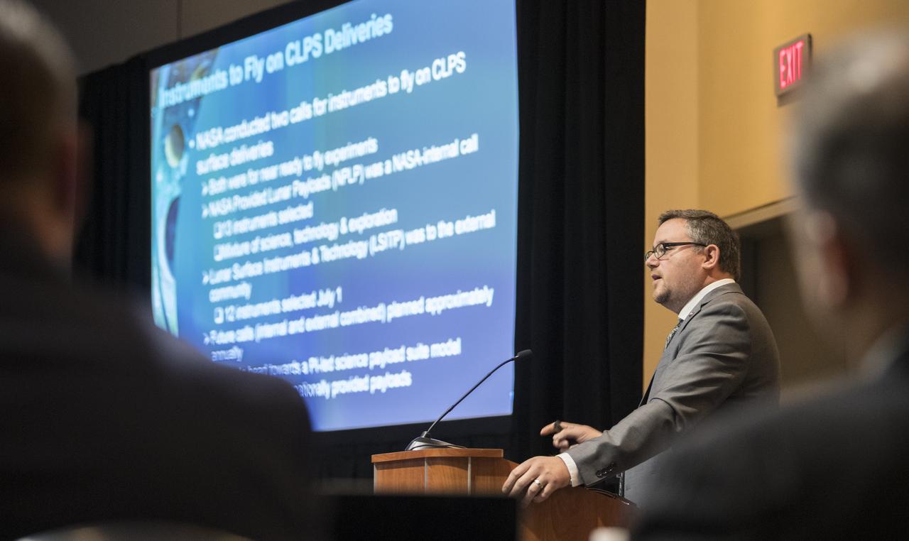 Brad Bailey, program scientist with NASA's Lunar Discovery and Exploration Program is seen during a keynote titled “An Overview of NASA’s Lunar Science Exploration Plans for Artemis” at the 70th International Astronautical Congress, Tuesday, Oct. 22, 2019 at the Walter E. Washington Convention Center in Washington. Photo Credit: (NASA/Joel Kowsky)
