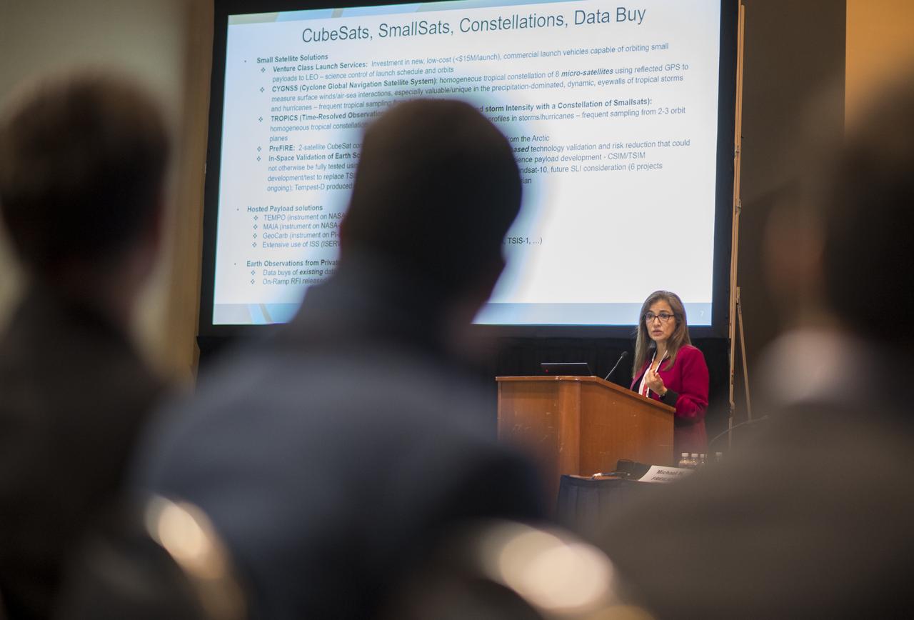 Sandra Cauffman, acting Director of NASA's Earth Science Division, is seen during a special session titled “Home Planet 2030 – The Role of Earth Observations in Studying Our Planet” at the 70th International Astronautical Congress, Tuesday, Oct. 22, 2019 at the Walter E. Washington Convention Center in Washington. Photo Credit: (NASA/Joel Kowsky)