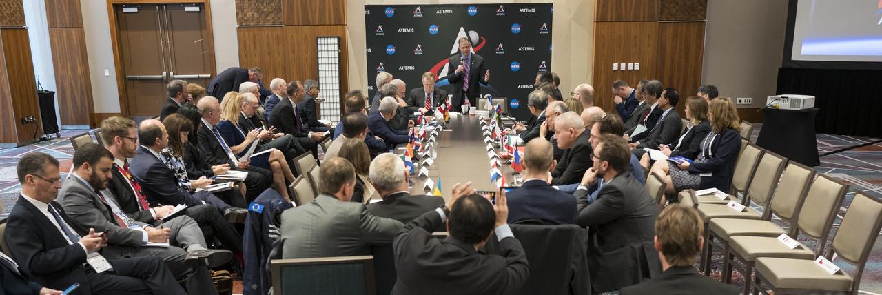 NASA Administrator Jim Bridenstine speaks during a multilateral meeting of the heads of space agencies at the 70th International Astronautical Congress, Tuesday, Oct. 22, 2019 in Washington. Photo Credit: (NASA/Aubrey Gemignani)