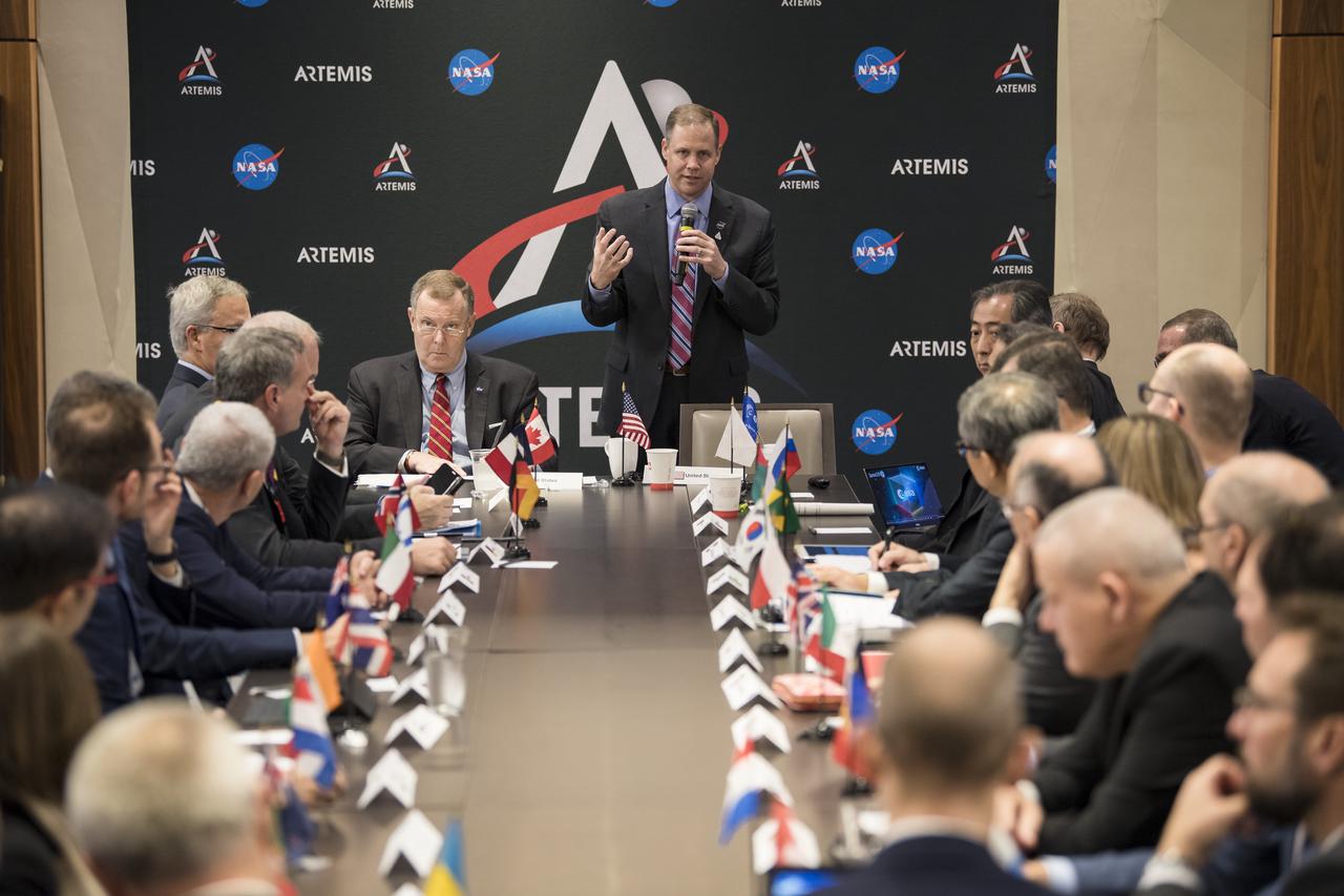 NASA Administrator Jim Bridenstine speaks during a multilateral meeting of the heads of space agencies at the 70th International Astronautical Congress, Tuesday, Oct. 22, 2019 in Washington. Photo Credit: (NASA/Aubrey Gemignani)