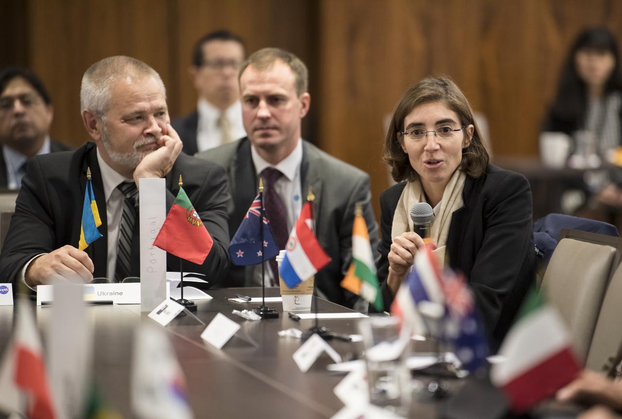 Portugal Space Agency President, Dr. Chiara Manfletti, speaks to NASA Administrator Jim Bridenstine during a multilateral meeting of the heads of space agencies at the 70th International Astronautical Congress, Tuesday, Oct. 22, 2019 in Washington. Photo Credit: (NASA/Aubrey Gemignani)