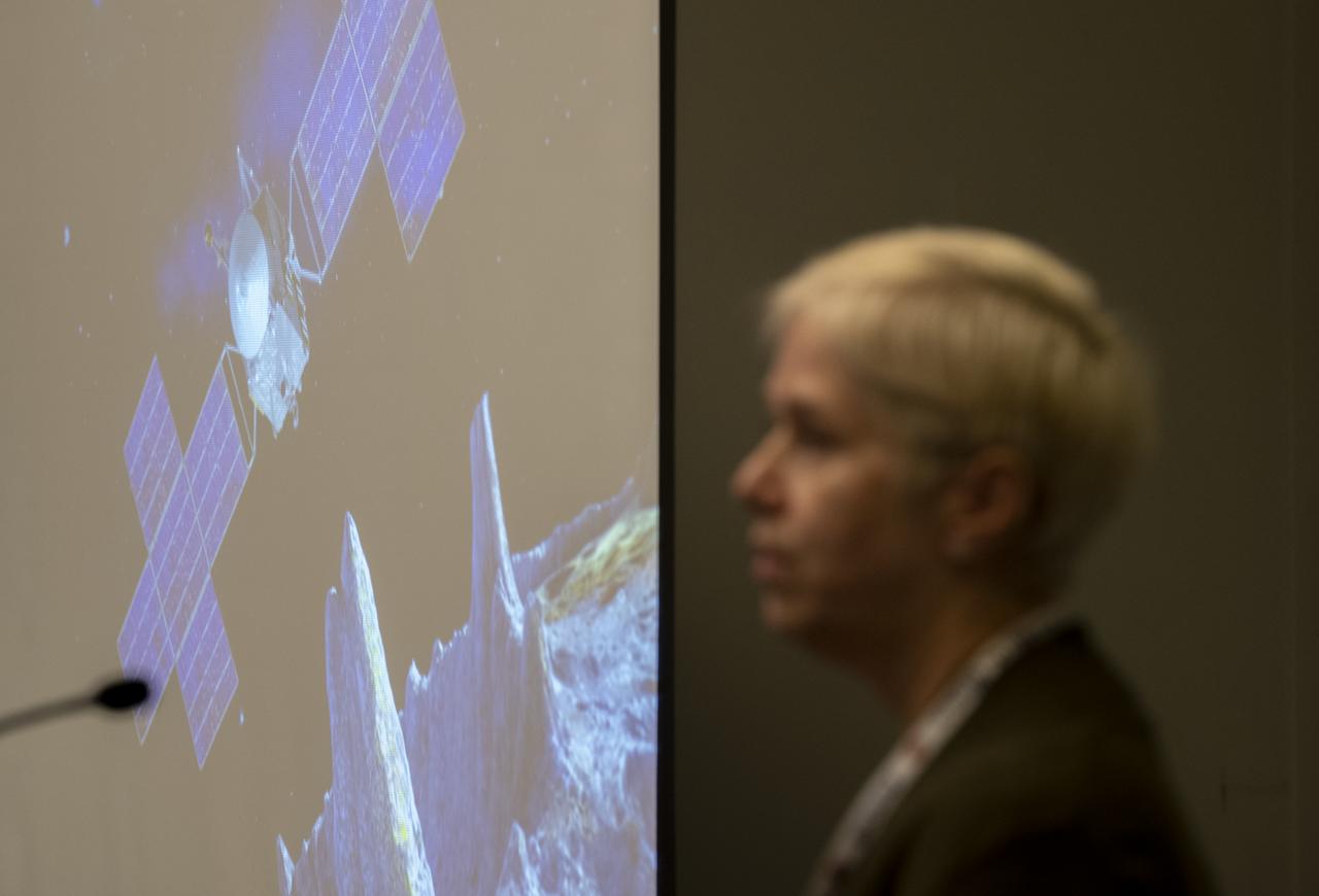 An artists rendition of the Psyche spacecraft is seen on scree as Linda Elkins-Tanton, Managing Director and Foundation Professor of Arizona State University’s School of Earth and Space Exploration, is seen during a keynote titled “The ASU Interplanetary Initiative: Advancing Society Through ” at the 70th International Astronautical Congress, Tuesday, Oct. 22, 2019 at the Walter E. Washington Convention Center in Washington. Elkins-Tanton is the principle investigator of NASA’s upcoming Psyche mission which is scheduled to launch in 2022. Photo Credit: (NASA/Joel Kowsky)