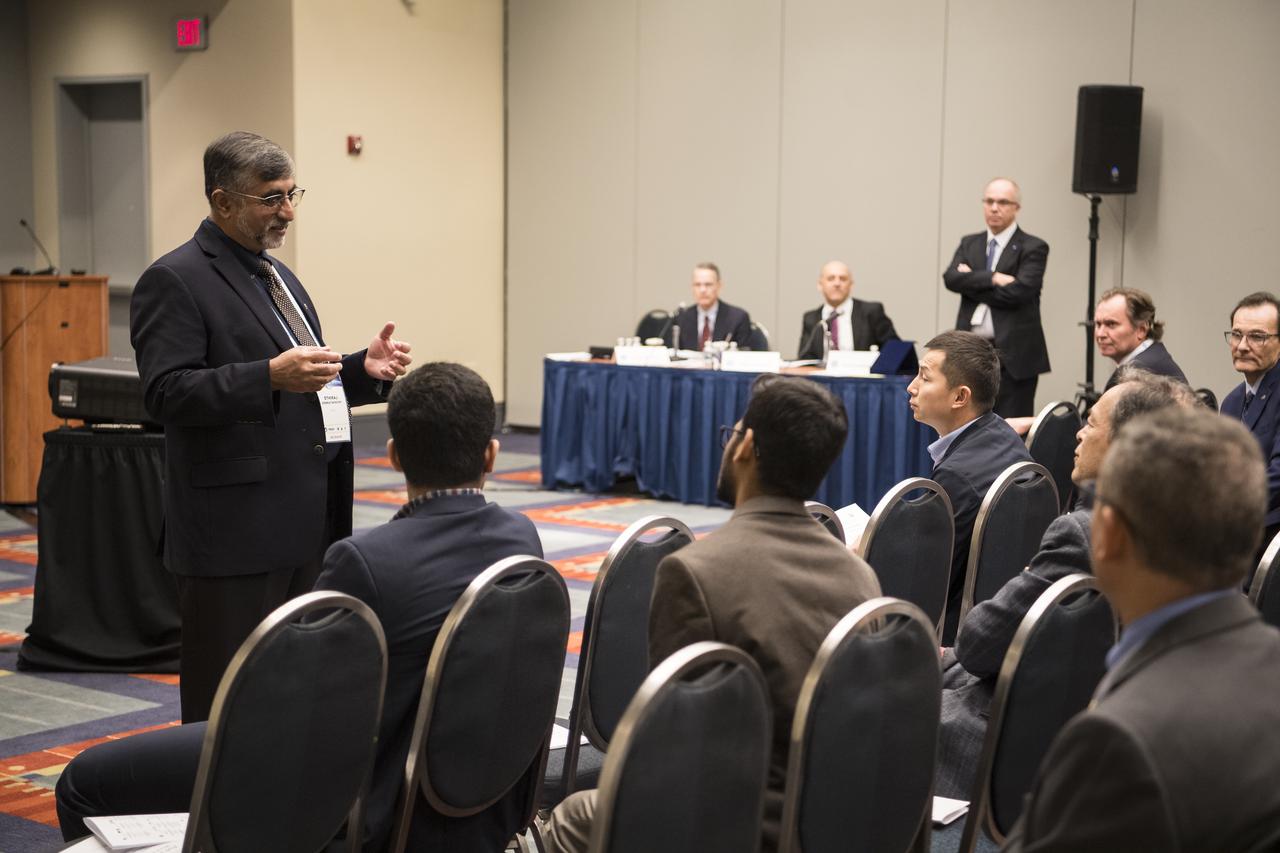 Ethiraj Venkatapathy, Senior Technologist for the Entry System Technologies at NASA’s Ames Research Center, answers a question after giving the Paolo Santini Memorial Lecture: Ablators from Apollo to Future Missions to Moon, Mars, and Beyond at the 70th International Astronautical Congress, Wednesday, Oct. 23, 2019 at the Walter E. Washington Convention Center in Washington. Photo Credit: (NASA/Aubrey Gemignani)