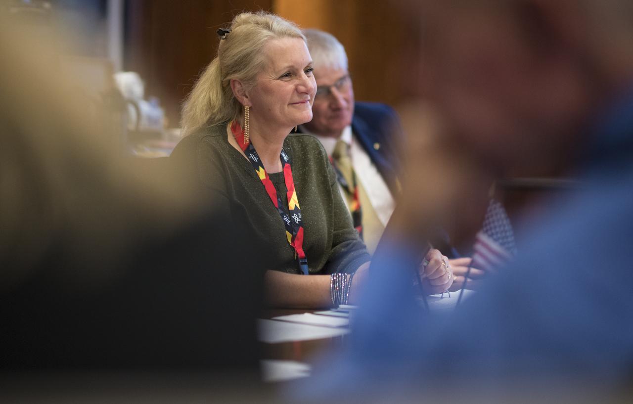 Pascale Ehrenfreund, Chair of the Executive Board of the German Aerospace Center (DLR) is seen during a meeting with NASA Administrator Jim Bridenstine, Deputy Administrator Jim Morhard and other senior NASA leaders at the 70th International Astronautical Congress, Wednesday, Oct. 23, 2019 in Washington. Photo Credit: (NASA/Joel Kowsky)