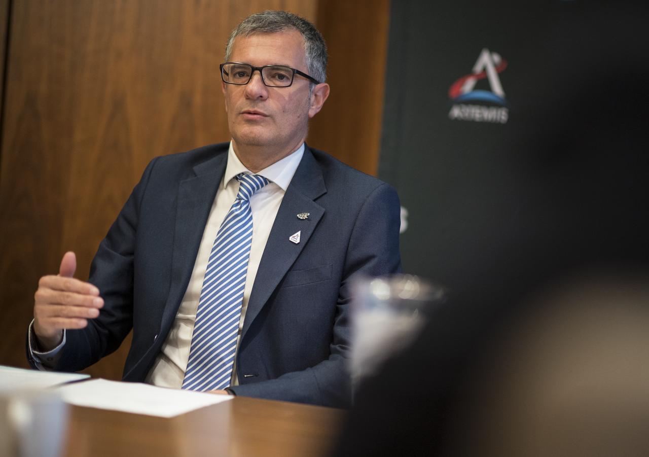 Giorgio Saccoccia Head of the Italian Space Agency (ASI), speaks with NASA Administrator Jim Bridenstine before the signing of a joint statement at the 70th International Astronautical Congress, Wednesday, Oct. 23, 2019 in Washington. Photo Credit: (NASA/Joel Kowsky)