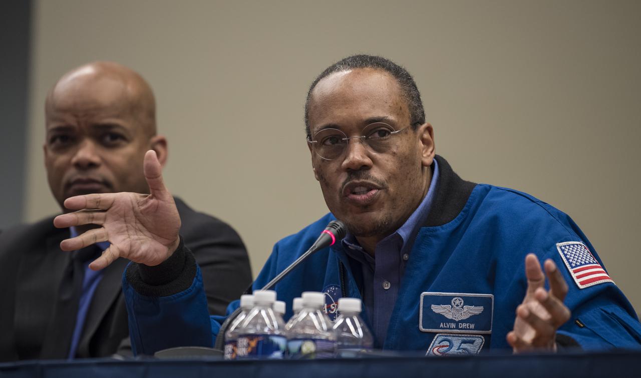 NASA astronaut Alvin Drew, right, spoke about his time in space at a STEM day session with students during the 70th International Astronautical Congress, Wednesday, Oct. 23, 2019 at the Walter E. Washington Convention Center in Washington. Photo credit: (NASA/Aubrey Gemignani)