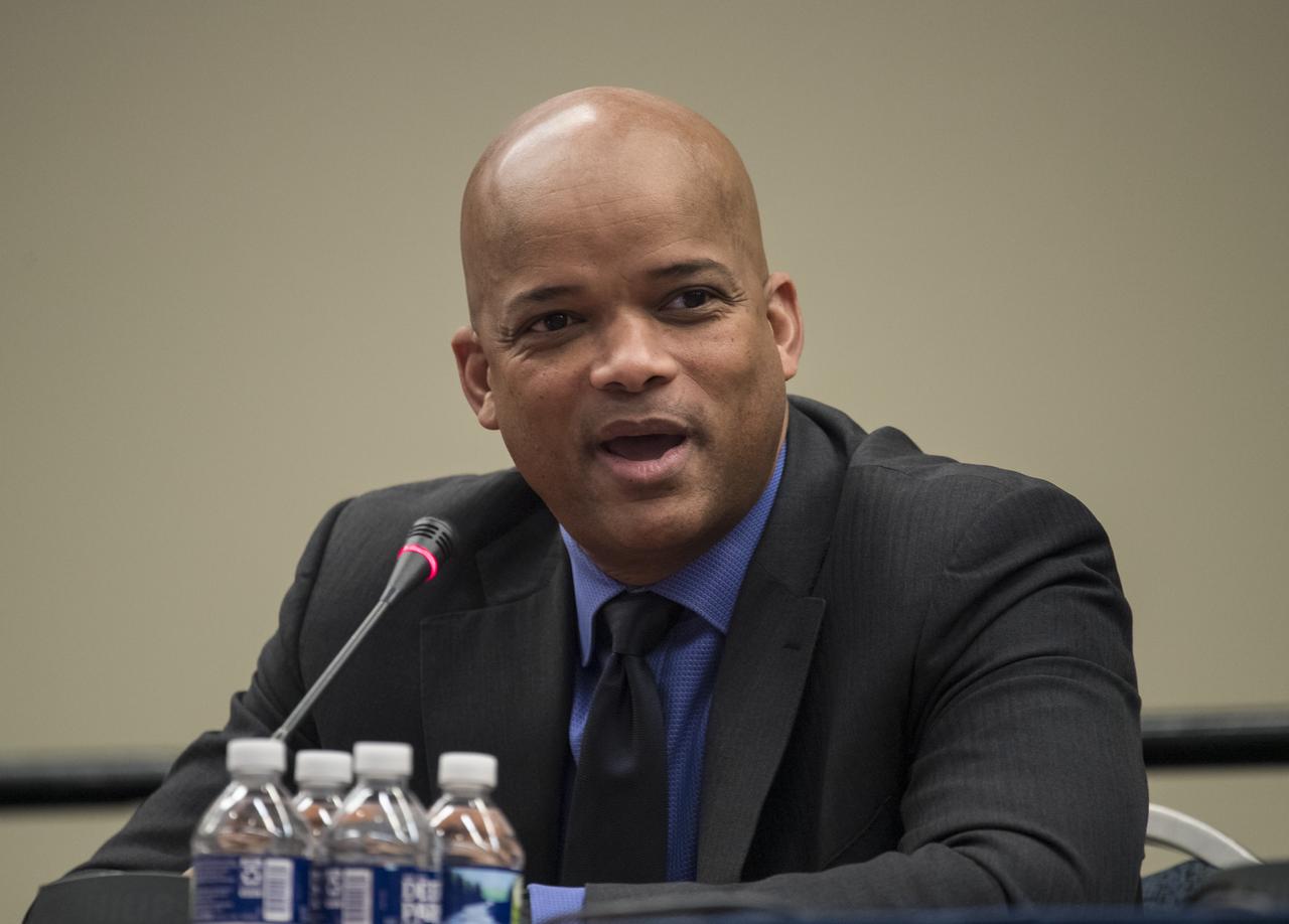 Former NASA astronaut Bob Curbeam spoke about his time in space at a STEM day session with students during the 70th International Astronautical Congress, Wednesday, Oct. 23, 2019 at the Walter E. Washington Convention Center in Washington. Photo credit: (NASA/Aubrey Gemignani)