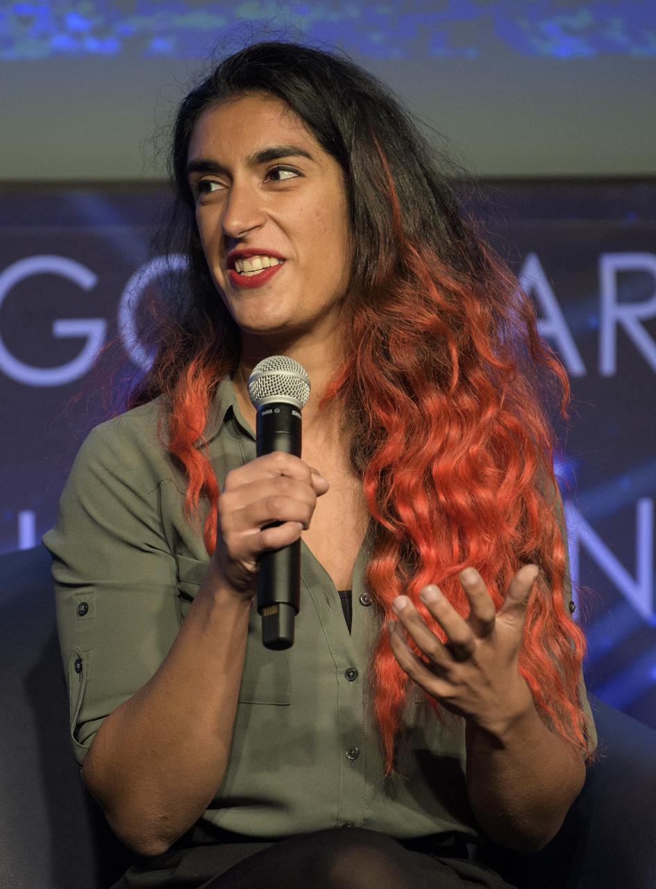 Farah Alibay, a systems engineer working on the Mars 2020 rover at NASA’s Jet Propulsion Laboratory, speaks about her path to working at NASA during an interactive STEM discussion with students attending the 70th International Astronautical Congress, Wednesday, Oct. 23, 2019, at NASA Headquarters in Washington. Photo Credit: (NASA/Joel Kowsky)