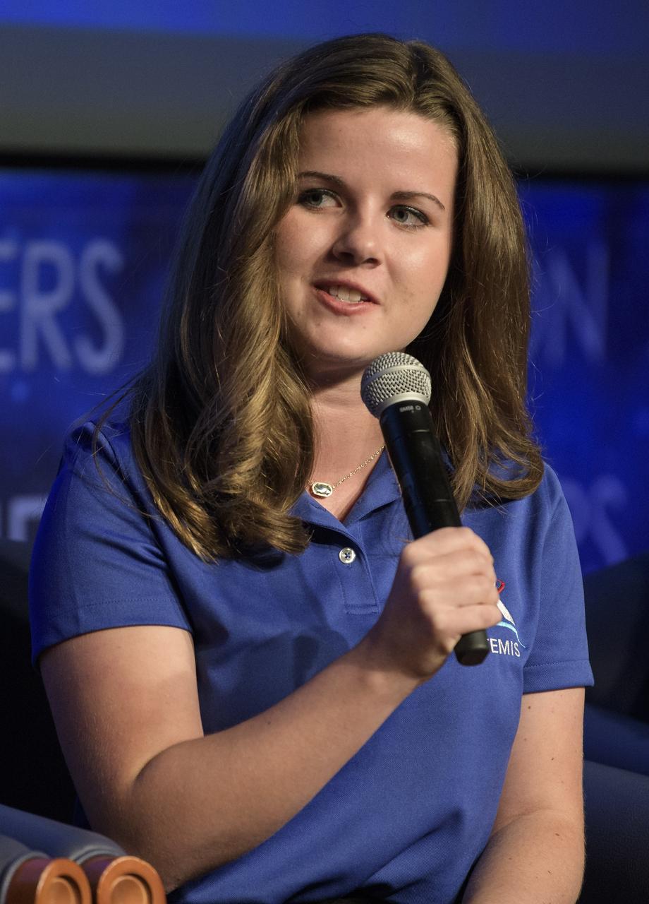 Alexis Vance, a Pathways student engineering trainee at NASA’s Johnson Space Center, speaks about being an intern at NASA’s Johnson Space Center during an interactive STEM discussion with students attending the 70th International Astronautical Congress, Wednesday, Oct. 23, 2019, at NASA Headquarters in Washington. Photo Credit: (NASA/Joel Kowsky)