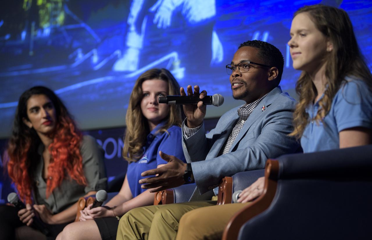 Victor Joel Cabezas Tapia, a Navigation, Guidance, and Control Engineer at NASA’s Marshall Space Flight Center, speaks about his path to working at NASA during an interactive STEM discussion with students attending the 70th International Astronautical Congress, Wednesday, Oct. 23, 2019, at NASA Headquarters in Washington.  Photo Credit: (NASA/Joel Kowsky)