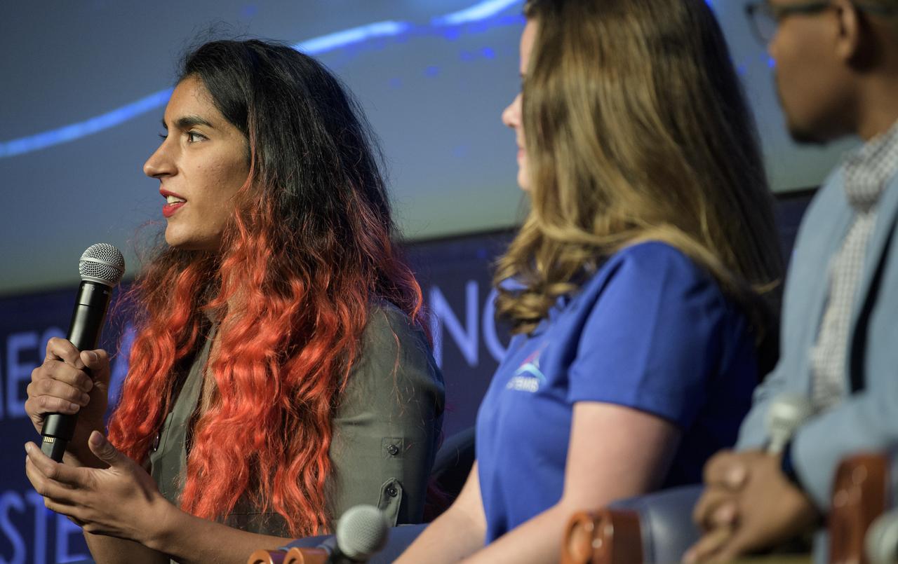Farah Alibay, a systems engineer working on the Mars 2020 rover at NASA’s Jet Propulsion Laboratory, speaks about her path to working at NASA during an interactive STEM discussion with students attending the 70th International Astronautical Congress, Wednesday, Oct. 23, 2019, at NASA Headquarters in Washington. Photo Credit: (NASA/Joel Kowsky)