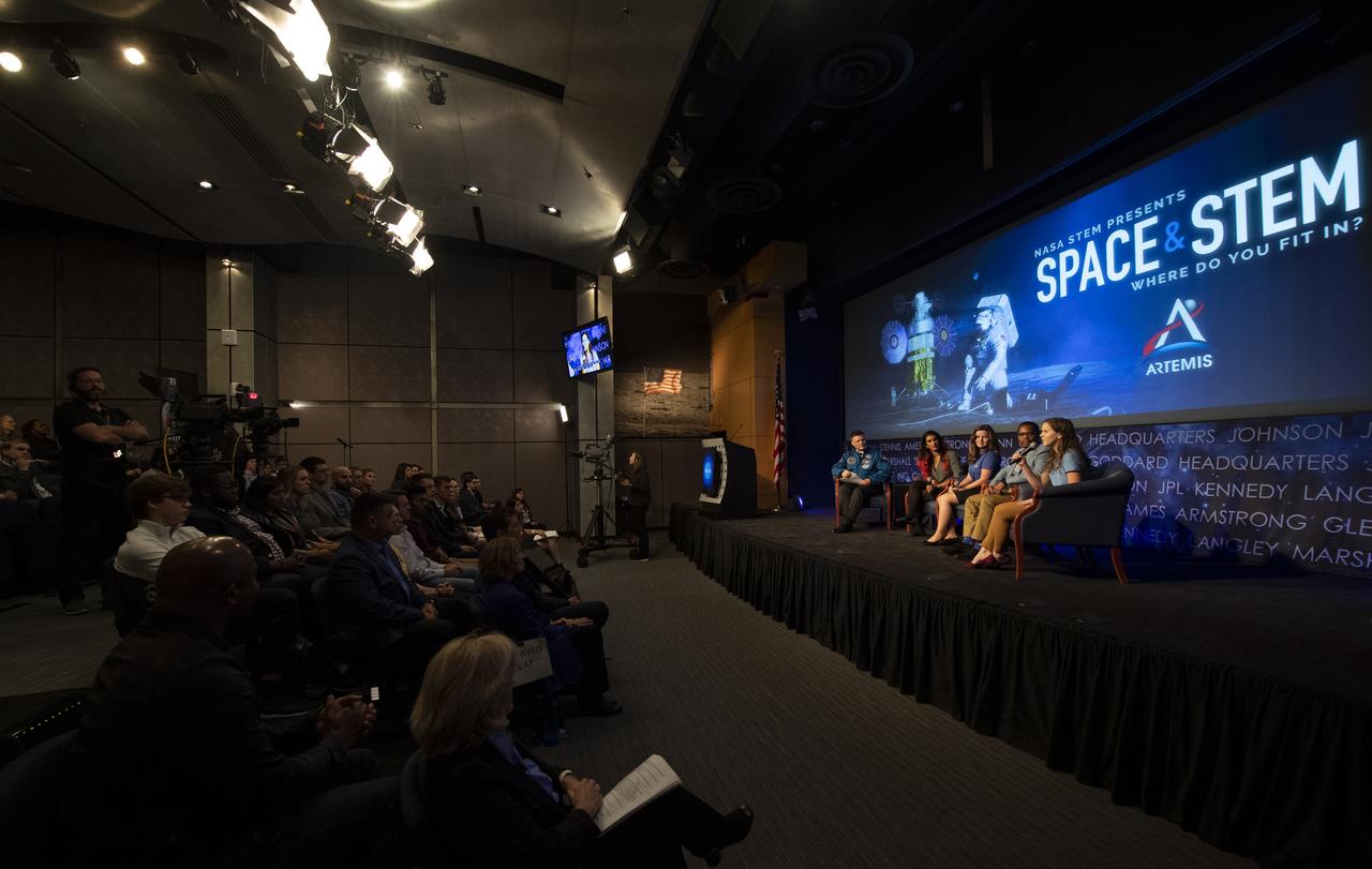 Breanne Stichler, a mechanical engineer in the Crawlers, Transporters and Structures group at NASA’s Kennedy Space Center, right, speaks about her path to working at NASA during an interactive STEM discussion with students attending the 70th International Astronautical Congress, Wednesday, Oct. 23, 2019, at NASA Headquarters in Washington. Photo Credit: (NASA/Joel Kowsky)