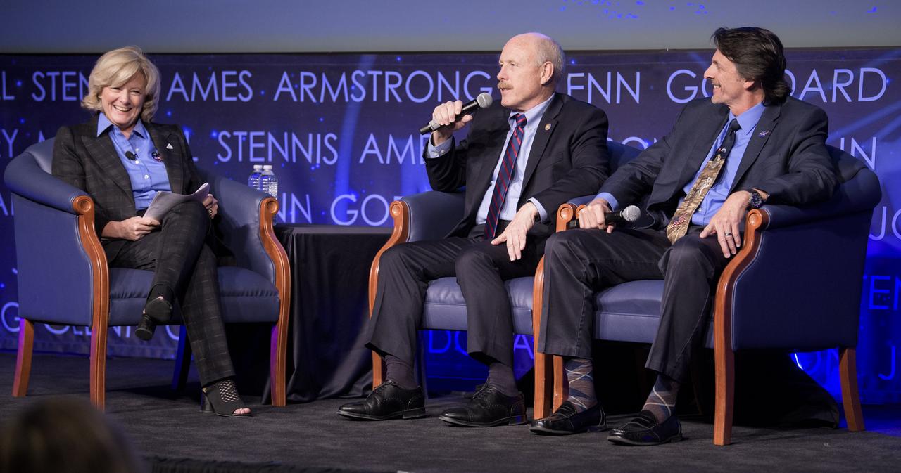 Jody Singer, Director of NASA’s Marshall Space Flight Center, left, Ken Bowersox, acting Associate Administrator for NASA's Human Exploration and Operations Mission Directorate, center, and Steve Clarke, Deputy Associate Administrator for Exploration in NASA’s Science Mission Directorate, right, discuss the agency’s Artemis program during an interactive STEM discussion with students attending the 70th International Astronautical Congress, Wednesday, Oct. 23, 2019, at NASA Headquarters in Washington.  Photo Credit: (NASA/Joel Kowsky)