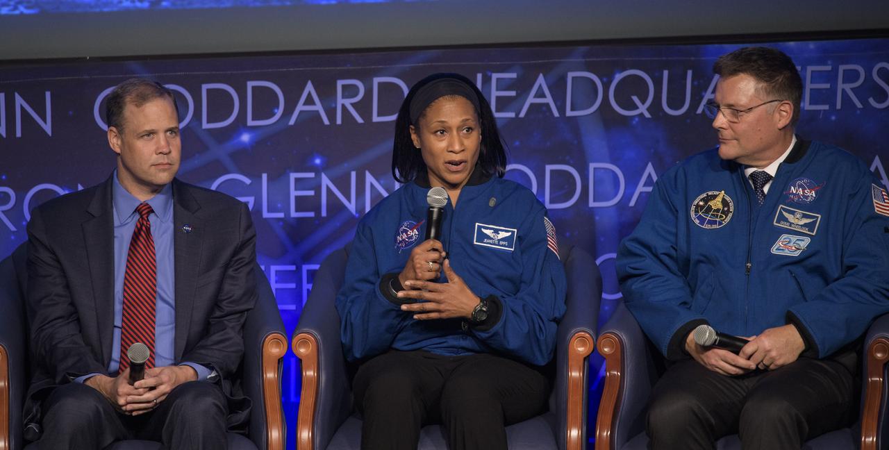 NASA astronaut Jeanette Epps, center, answers a question along slide NASA Administrator Jim Bridenstine, left, and NASA astronaut Doug Wheelock, right, during an interactive STEM discussion with students attending the 70th International Astronautical Congress, Wednesday, Oct. 23, 2019, at NASA Headquarters in Washington. Photo Credit: (NASA/Joel Kowsky)