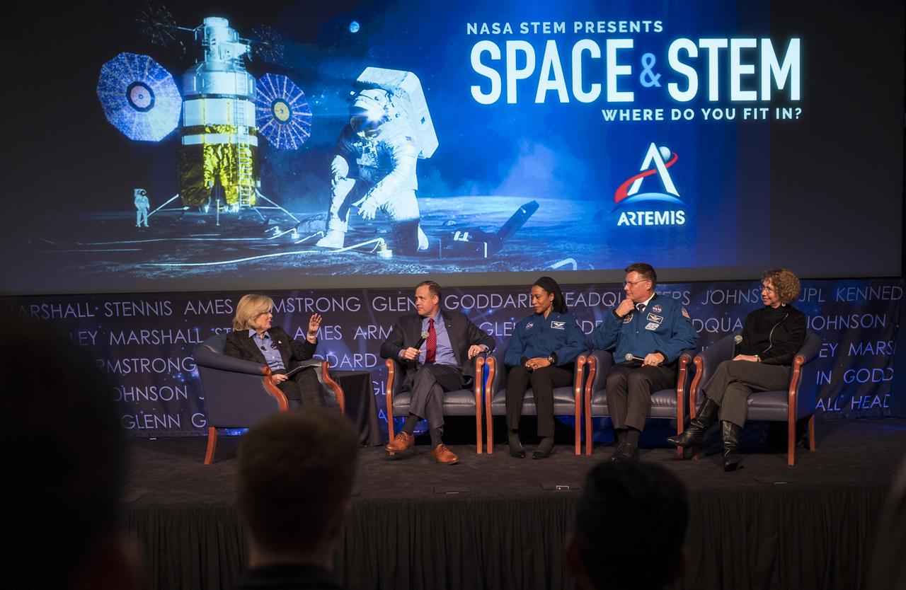 Jody Singer, Director of NASA’s Marshall Space Flight Center, left, moderates a discussion with NASA Administrator Jim Bridenstine, NASA astronauts Jeanette Epps and Doug Wheelock, and former NASA astronaut and co-chair of the local organizing committee for the International Astronautical Congress Sandy Magnus, during an interactive STEM discussion with students attending the 70th International Astronautical Congress, Wednesday, Oct. 23, 2019, at NASA Headquarters in Washington. Photo Credit: (NASA/Joel Kowsky)