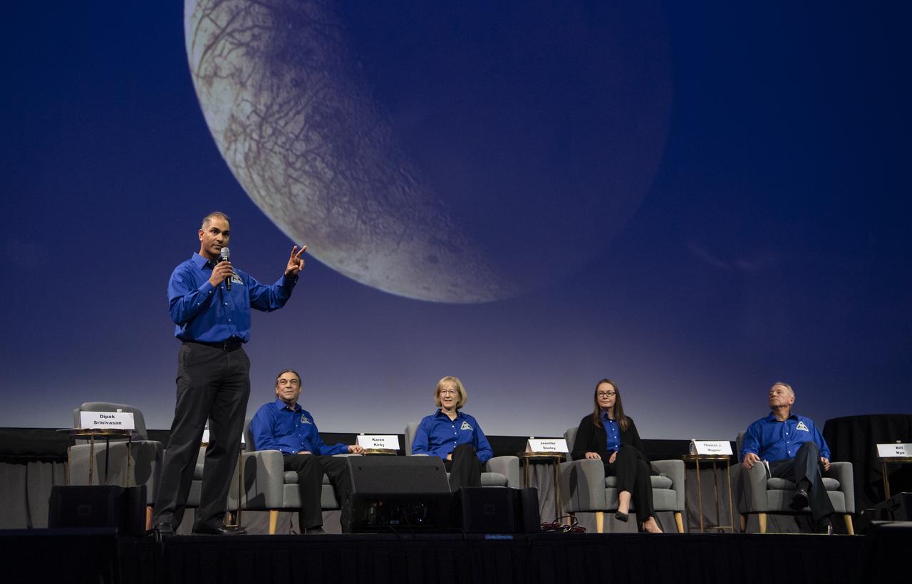 Dipak Srinivasan, Europa Clipper Telecommunications Manager, Johns Hopkins University, Applied Physics Laboratory (APL) moderates a panel titled, “Europa Clipper: Making a Mission to Understand Our Place in the Universe” with panelists, from left to right, Robert Pappalardo, Europa Clipper Project Scientist, NASA Jet Propulsion Laboratory (JPL); Karen Kirby, Europa Clipper Deputy Project System Engineer, APL; Jennifer Dooley, Europa Clipper Project Systems Engineer, JPL; Thomas Magner, Manager, APL; and Bill Nye, Chief Executive Officer, The Planetary Society, during the 70th International Astronautical Congress, Wednesday, Oct. 23, 2019 at the Walter E. Washington Convention Center in Washington. Photo credit: (NASA/Aubrey Gemignani)