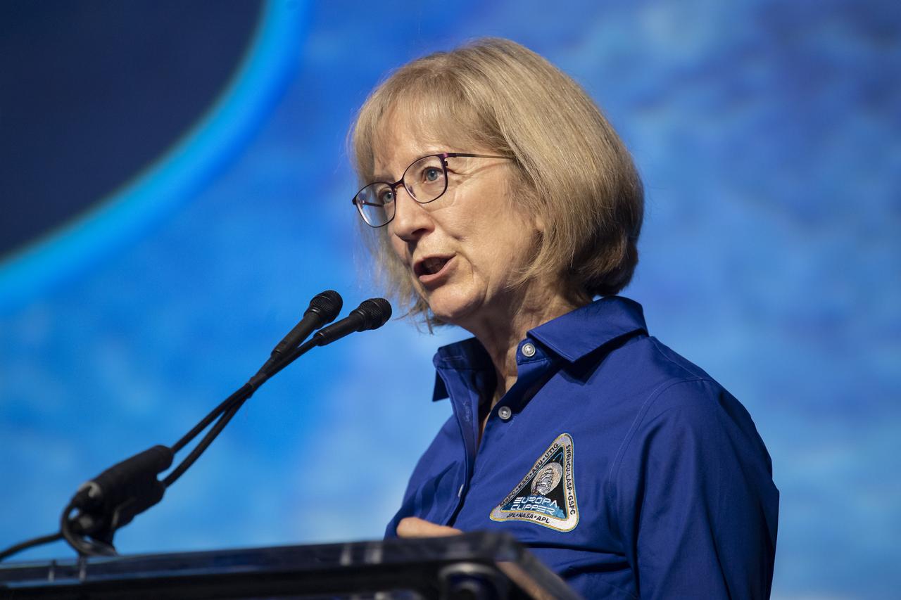 Karen Kirby, Europa Clipper Deputy Project System Engineer, Applied Physics Laboratory (APL), speaks during a session titled, “Europa Clipper: Making a Mission to Understand Our Place in the Universe” at the 70th International Astronautical Congress, Wednesday, Oct. 23, 2019 at the Walter E. Washington Convention Center in Washington. Photo credit: (NASA/Aubrey Gemignani)