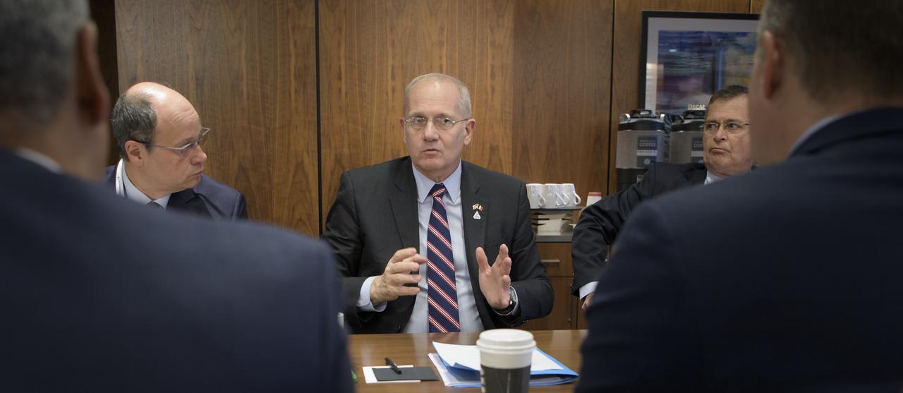 Jean-Yves Le Gall, President of the Centre National d’Études Spatiales (CNES) talks with NASA Administrator Jim Bridenstine during a meeting at the 70th International Astronautical Congress, Thursday, Oct. 24, 2019, in Washington. Photo Credit: (NASA/Bill Ingalls)