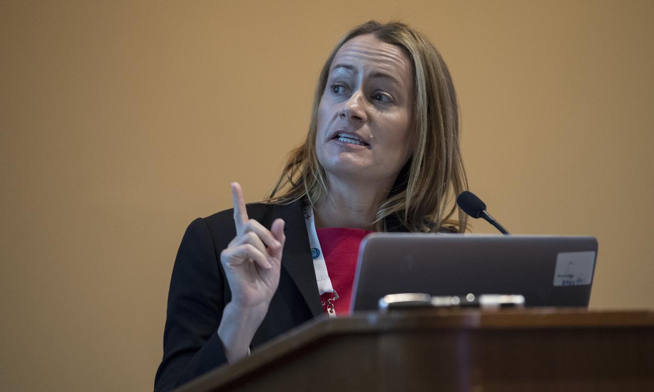 Erica Rodgers, Science and Technology Partnerships Lead in NASA's Office of the Chief Technologist, speaks during a special session titled ”The Immortal Spaceship: A Discussion on the Use Cases and Value of Persistent Platforms” at the 70th International Astronautical Congress, Thursday, Oct. 24, 2019, at the Walter E. Washington Convention Center in Washington. Photo Credit: (NASA/Joel Kowsky)