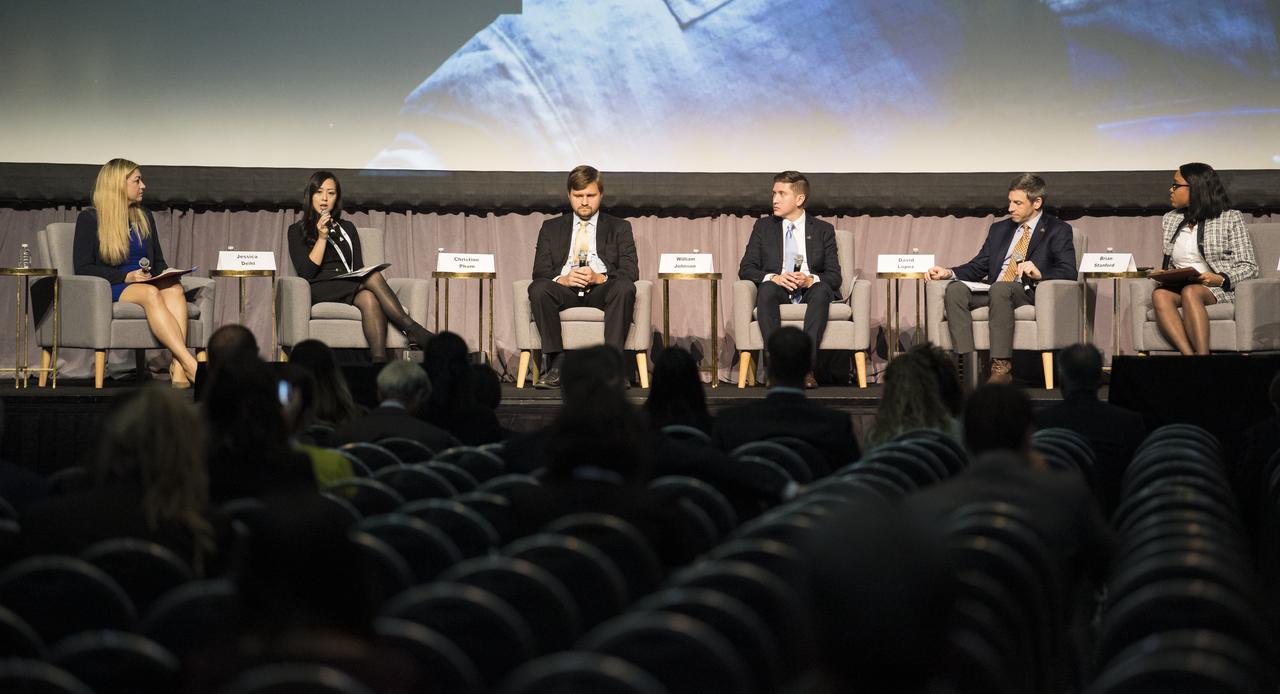 Jessica Deihl, an attorney at NASA’s Goddard Space Flight Center, left, Christine Pham, an attorney at NASA Headquarters, Bill Johnson, an attorney at NASA’s Glenn Research Center, David Lopez, an attorney at NASA Headquarters, Brian Stanford an attorney at NASA Headquarters, and Lisette Washington an attorney at NASA Headquarters, are seen during a “The Moon/Mars Generation Lawyers: A Discussion of the Legal Framework Taking NASA Back to the Future” at the 70th International Astronautical Congress, Thursday, Oct. 24, 2019, at the Walter E. Washington Convention Center in Washington. Photo Credit: (NASA/Joel Kowsky)