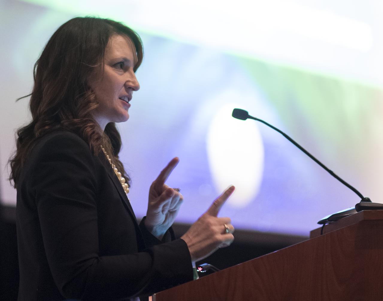 Kathleen Boggs, Systems and Technology Demonstration Manager in the International Space Station Division of NASA’s Human Exploration and Operations Mission Directorate, is seen a keynote titled “From LEO to the Moon, Mars, and Beyond: Shaping Capability Development Strategies for NASA’s Human Exploration Campaign” at the 70th International Astronautical Congress, Thursday, Oct. 24, 2019 at the Walter E. Washington Convention Center in Washington. Photo Credit: (NASA/Joel Kowsky)