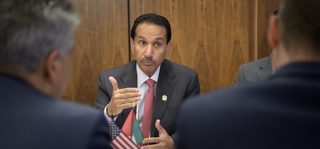 United Arab Emirates Space Agency Director General Mohamed Al Ahbabi meets with NASA Administrator Jim Bridenstine during the 70th International Astronautical Congress, Thursday, Oct. 24, 2019, in Washington. Photo Credit: (NASA/Bill Ingalls)