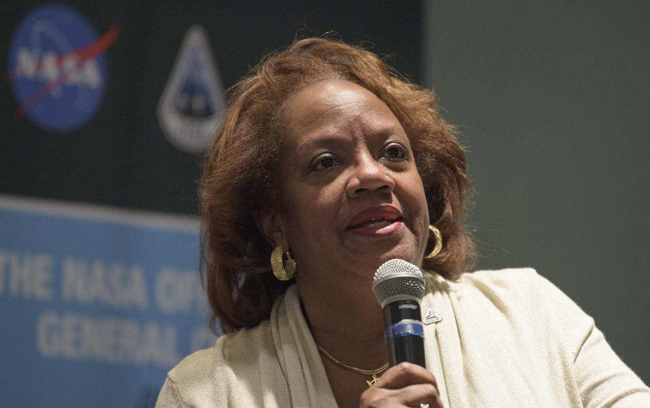 NASA General Counsel Sumara M. Thompson-King introduces NASA Administrator Jim Bridenstine during the International Institute of Space Law (IISL), Manfred Lachs Space Law Moot Court Competition finals, Thursday, Oct. 24, 2019 at NASA Headquarters in Washington. Photo Credit: (NASA/Bill Ingalls)