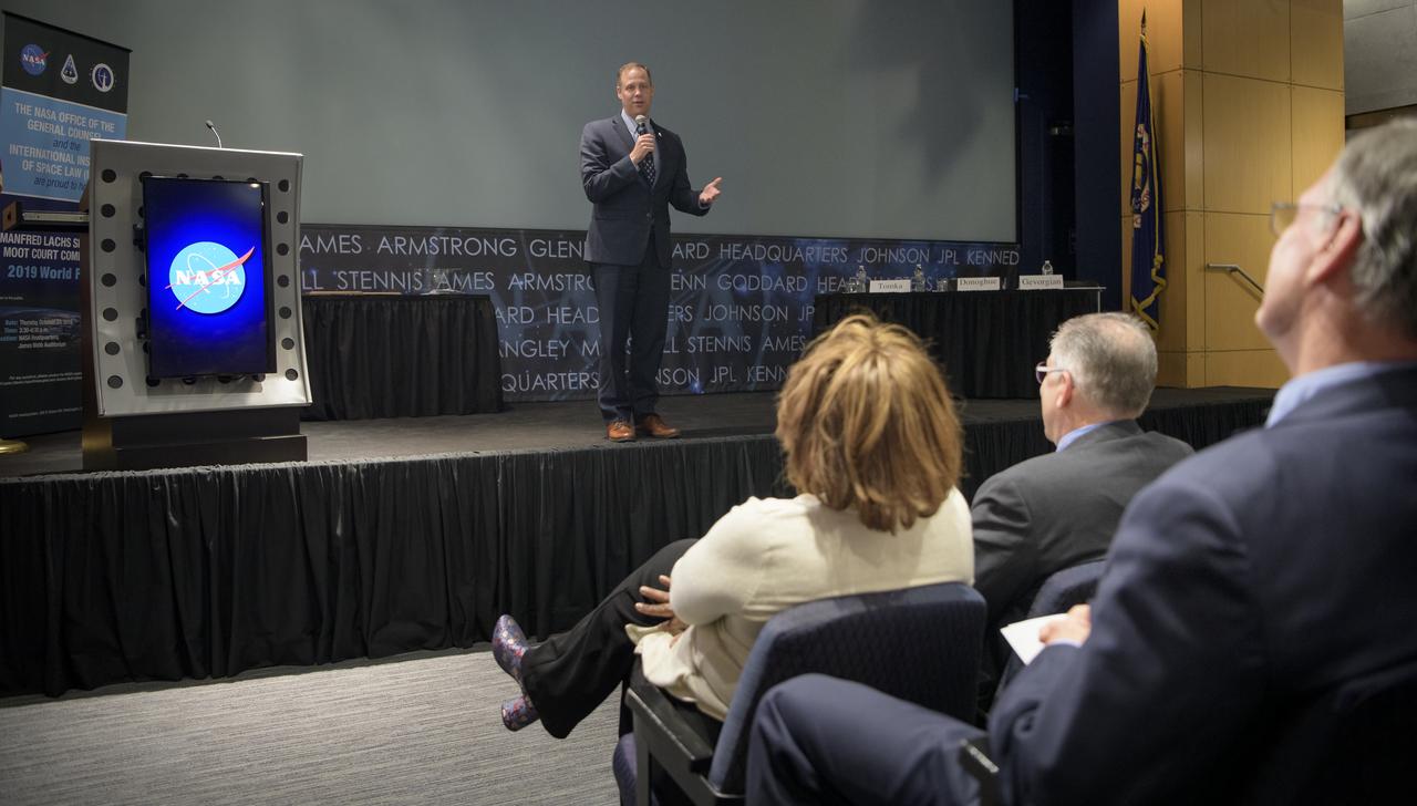NASA Administrator Jim Bridenstine gives remarks during the International Institute of Space Law (IISL), Manfred Lachs Space Law Moot Court Competition finals, Thursday, Oct. 24, 2019 at NASA Headquarters in Washington. Photo Credit: (NASA/Bill Ingalls)