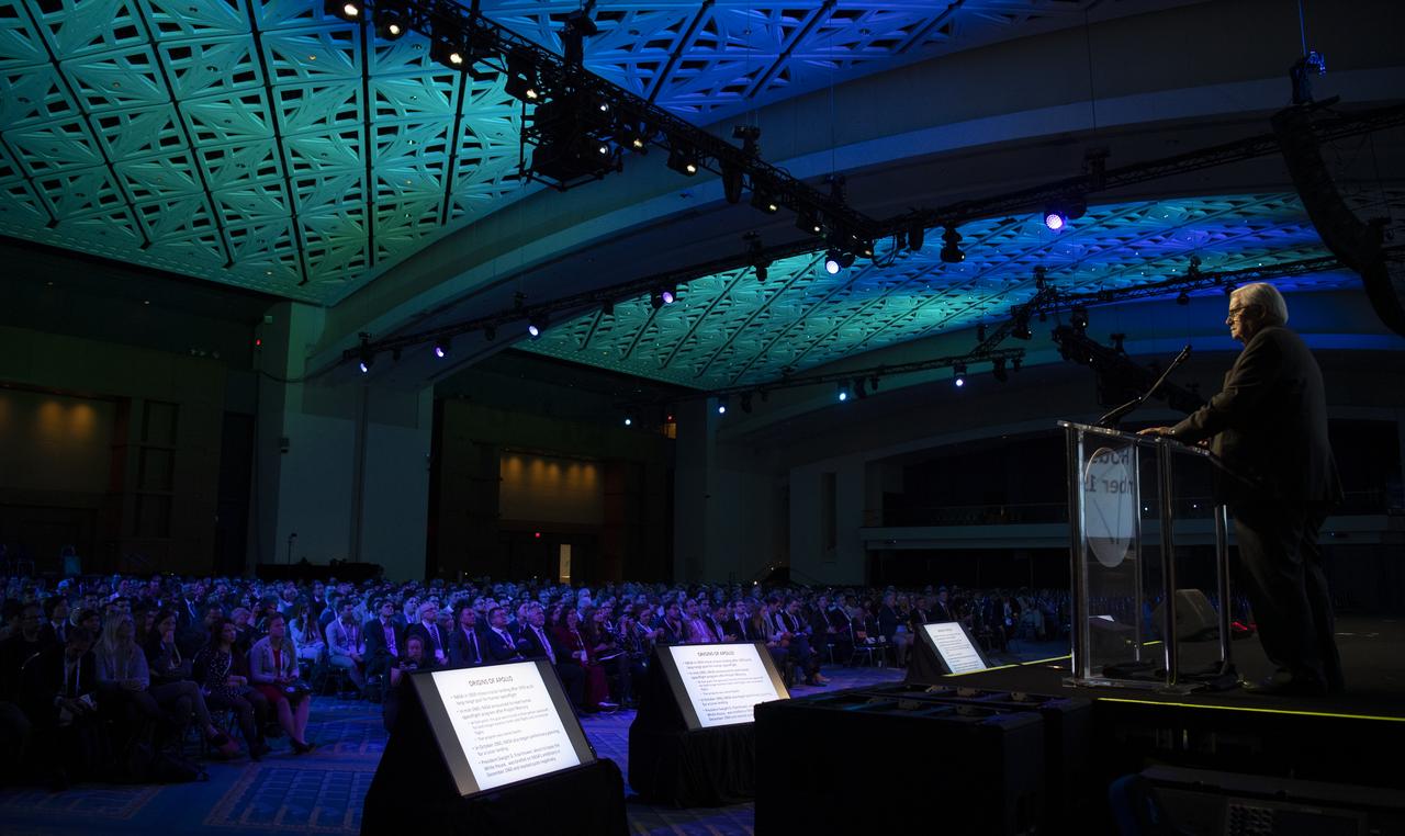 John Logsdon, Apollo historian and Professor Emeritus at George Washington University, speaks about the history of the Apollo program during the International Astronautical Federation World Space Award highlight lecture at the 70th International Astronautical Congress, Thursday, Oct. 24, 2019, at the Walter E. Washington Convention Center in Washington. The 2019 World Space Award was presented to the crew of Apollo 11. Photo Credit: (NASA/Joel Kowsky)
