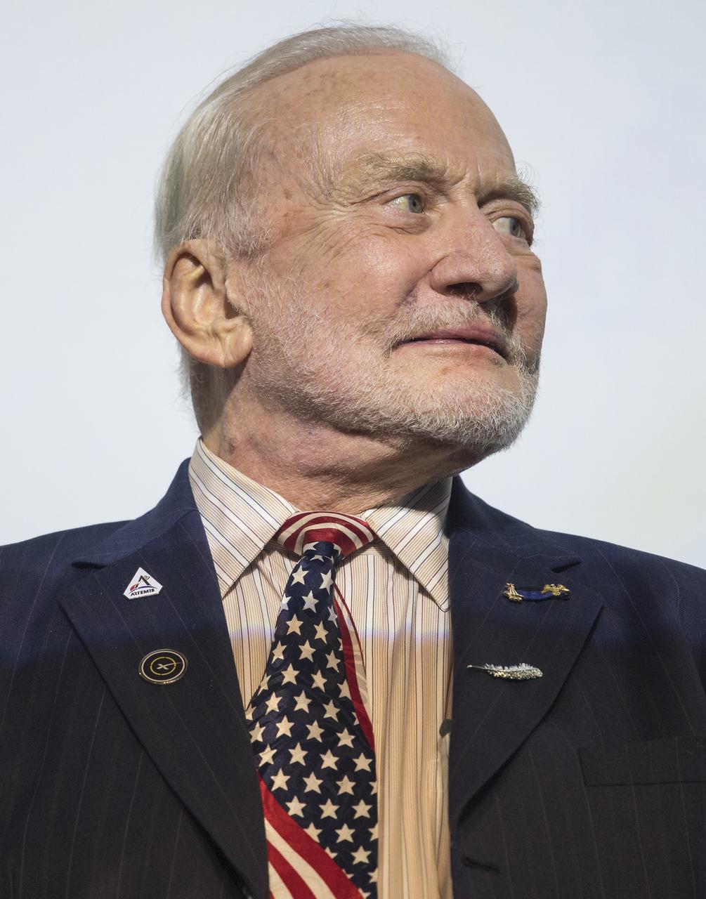 Apollo 11 astronaut Buzz Aldrin is seen during the International Astronautical Federation World Space Award highlight lecture at the 70th International Astronautical Congress, Thursday, Oct. 24, 2019, at the Walter E. Washington Convention Center in Washington. The 2019 World Space Award was presented to the crew of Apollo 11. Photo Credit: (NASA/Joel Kowsky)